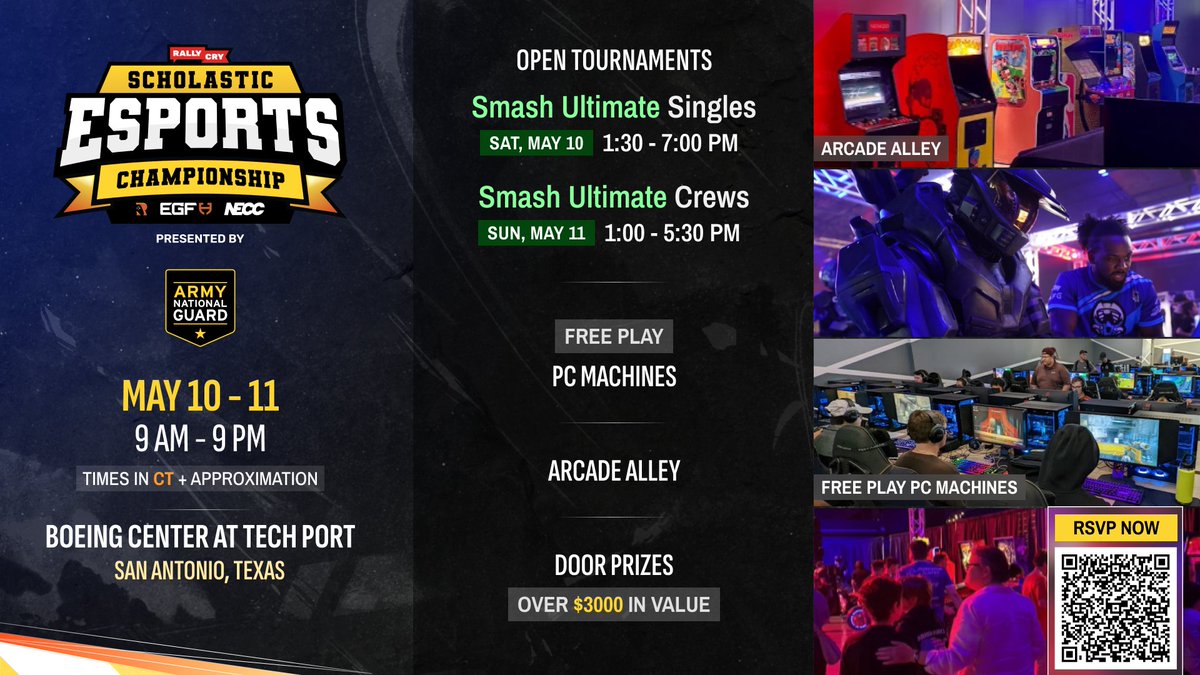 This weekend, join the FREE fun while watching SA’s largest scholastic esports tournament! The public can participate in open tournaments of #SmashUltimate and also enjoy the retro arcade lounge. Click to register/learn more: tinyurl.com/333ym2ju #esports #gaming