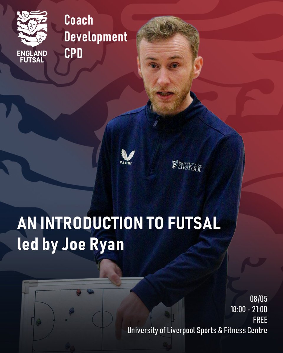 AN INTRODUCTION TO FUTSAL 🦁

Our next Coach CPD event is this Thursday, 6-9pm at the University of Liverpool, led by our North West coach developer <a href="/JRyancoach/">JR</a> 🤝

This is a FREE event and there are less than ten spaces available! Don't miss out.

🔗 englandfutsal.com/event/introduc…