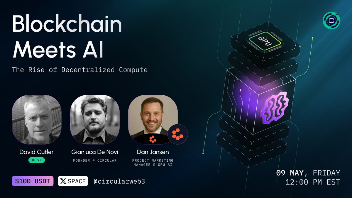🚨 AMA: Blockchain Meets AI - The Rise of Decentralized Compute

📢 Set your reminders: x.com/i/spaces/1DXxy… 

Join us this Friday for an X Space featuring <a href="/gberg446/">Dan Jansen</a>, Project Marketing Manager at <a href="/GPUAI_Coin/">GPU AI</a>, and <a href="/gianlucadenovi/">Gianluca De Novi, Ph.D.</a>, Founder of <a href="/circularweb3/">Circular Protocol</a>!

Hosted by: