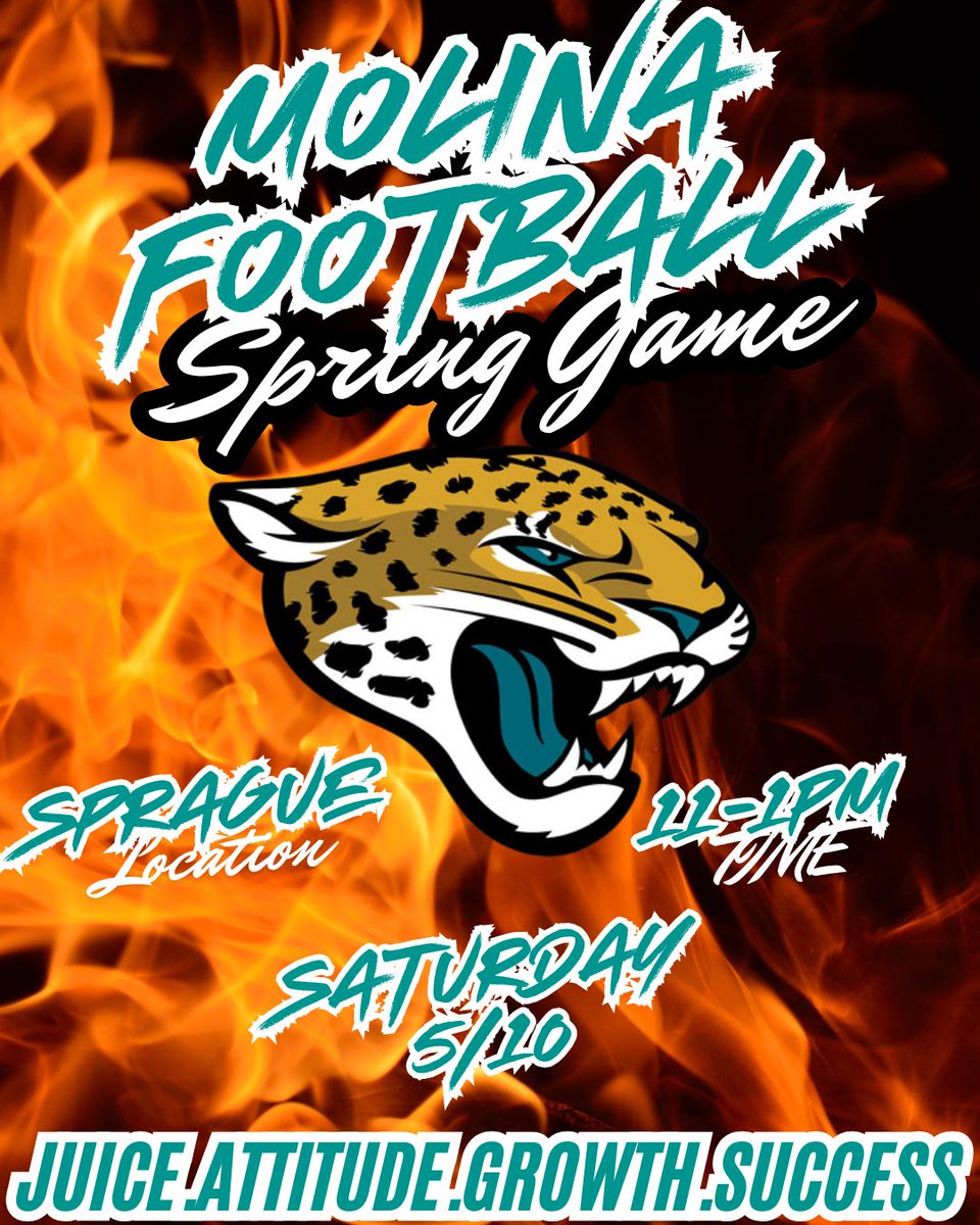 Molina Football (@molinafootball) on Twitter photo SATURDAY (5/10)
@ SPRAGUE
11-1
COME CHECK OUT YOUR JAGS IN ACTION IN THE SPRING GAME!!
WE LOOK FWD TO SEEING THE WHOLE COMMUNITY, ALUMNI, FAMILY, FRIENDS & ASSOCIATES
DONT MEET ME THERE, BEAT ME THERE!!!!
<a href="/dallasathletics/">Dallas ISD Athletics</a> <a href="/Coachbru3/">Coachbru</a> <a href="/coach_balderas/">Coach Balderas</a> <a href="/Ms_RiveraDISD/">Daisy Rivera</a> <a href="/MolinaHigh/">Moises E. Molina High School</a> SATURDAY (5/10)
@ SPRAGUE
11-1
COME CHECK OUT YOUR JAGS IN ACTION IN THE SPRING GAME!!
WE LOOK FWD TO SEEING THE WHOLE COMMUNITY, ALUMNI, FAMILY, FRIENDS & ASSOCIATES
DONT MEET ME THERE, BEAT ME THERE!!!!
<a href="/dallasathletics/">Dallas ISD Athletics</a> <a href="/Coachbru3/">Coachbru</a> <a href="/coach_balderas/">Coach Balderas</a> <a href="/Ms_RiveraDISD/">Daisy Rivera</a> <a href="/MolinaHigh/">Moises E. Molina High School</a>