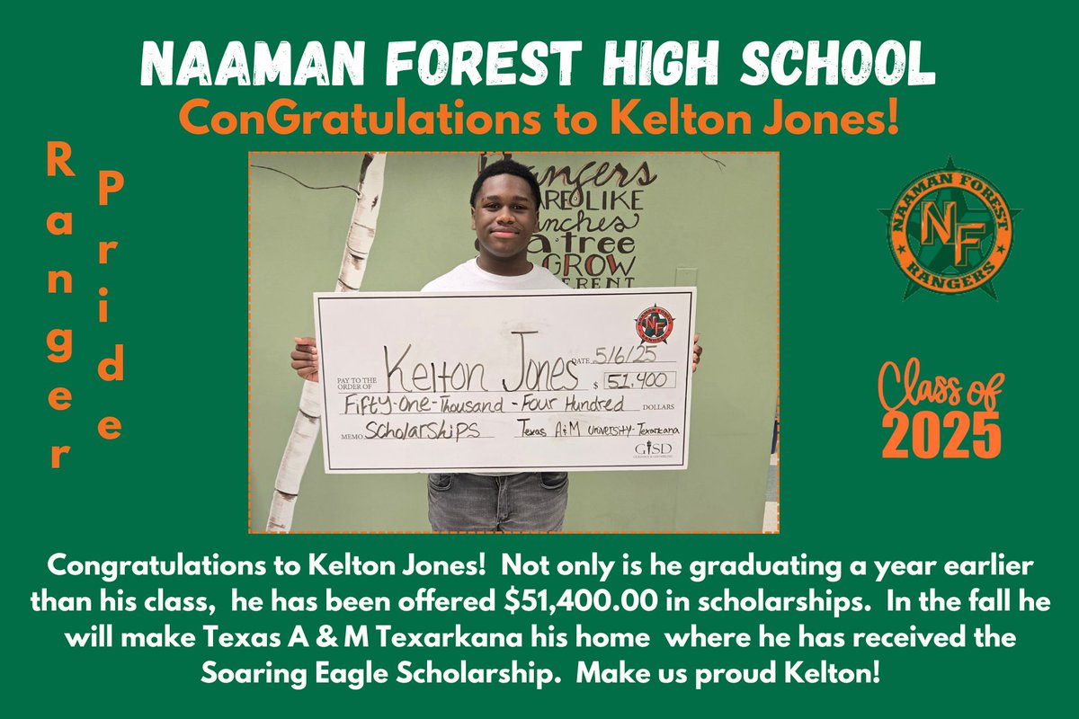 Nfhs Counselors 24-25 (@23nfhs) on Twitter photo Senior Spotlight 🎓: Today we spotlight Kelton Jones and D'Sean Byrd both scholarship recipients. <a href="/NFHS_Rangers/">Naaman Forest High School</a> <a href="/gisdcounseling/">GISD Guidance and Counseling</a> <a href="/gisdnews/">Garland ISD</a> Senior Spotlight 🎓: Today we spotlight Kelton Jones and D'Sean Byrd both scholarship recipients. <a href="/NFHS_Rangers/">Naaman Forest High School</a> <a href="/gisdcounseling/">GISD Guidance and Counseling</a> <a href="/gisdnews/">Garland ISD</a>