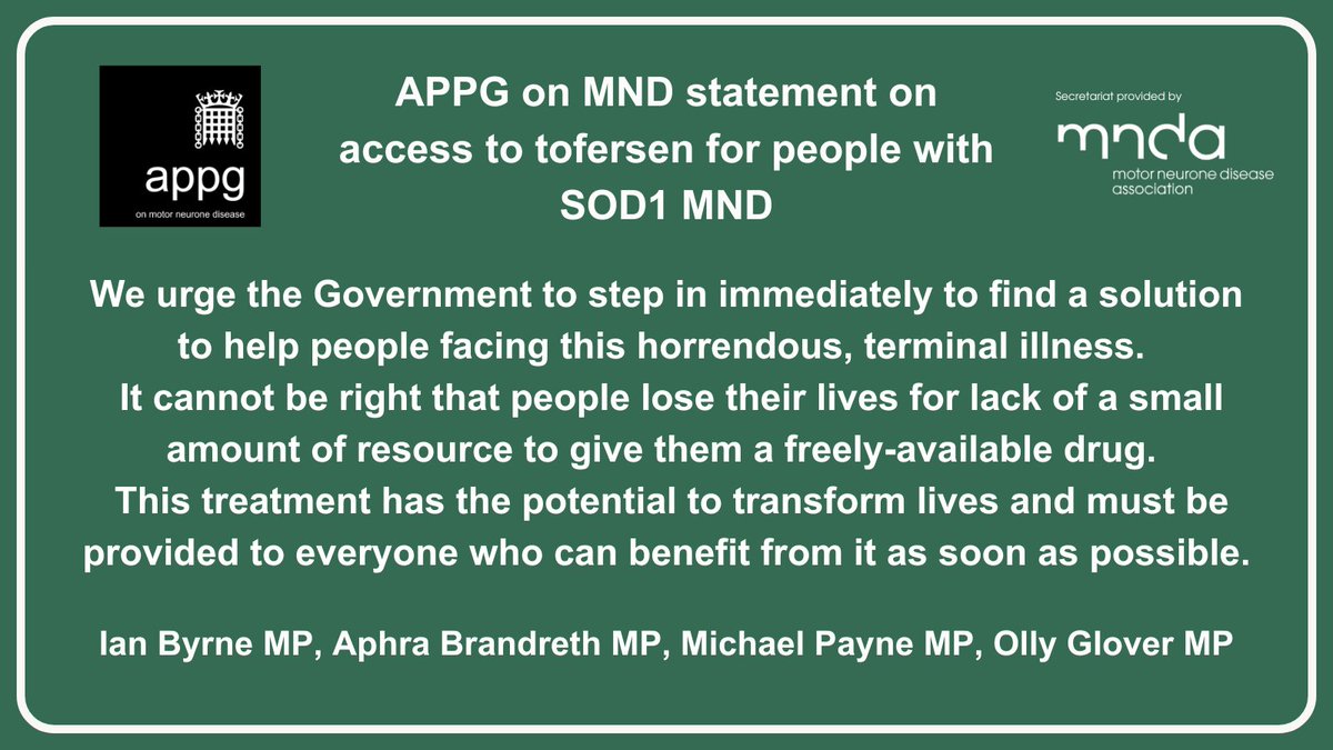 APPG on Motor Neurone Disease (@appgonmnd) on Twitter photo 📢 The <a href="/APPGonMND/">APPG on Motor Neurone Disease</a> has issued a statement on challenges faced by people with SOD1 MND - 2% of the MND population - in accessing ground-breaking treatment, tofersen, through an Early Access Programme.
Read more: mndassociation.org/media/latest-n… 📢 The <a href="/APPGonMND/">APPG on Motor Neurone Disease</a> has issued a statement on challenges faced by people with SOD1 MND - 2% of the MND population - in accessing ground-breaking treatment, tofersen, through an Early Access Programme.
Read more: mndassociation.org/media/latest-n…