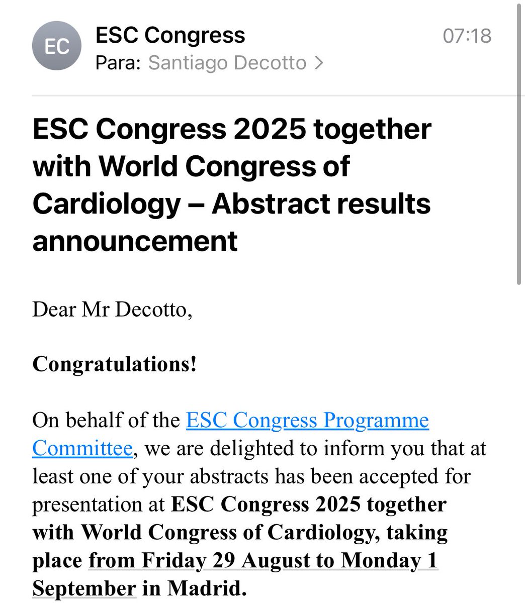 Santiago Decotto, MD (@decottosantiago) on Twitter photo 1/2
Great news! 🎉3 of our #amyloid abstracts from <a href="/imedCV/">IMedCV Hospital Italiano</a> have been accepted for presentation at the upcoming #ESCCongress 2025 <a href="/escardio/">European Society of Cardiology</a>
Proud of this amazing team 🙌
<a href="/pilu_domenech/">Pilar Domenech</a> <a href="/DPerezdearenaza/">Diego PerezdeArenaza</a> <a href="/_RoBlanco/">Rocío Blanco, MD 🇦🇷</a> <a href="/amiloidosis/">GEA - Grupo de Estudio de Amiloidosis</a> <a href="/AguirreAdela/">Adela Aguirre</a> 1/2
Great news! 🎉3 of our #amyloid abstracts from <a href="/imedCV/">IMedCV Hospital Italiano</a> have been accepted for presentation at the upcoming #ESCCongress 2025 <a href="/escardio/">European Society of Cardiology</a>
Proud of this amazing team 🙌
<a href="/pilu_domenech/">Pilar Domenech</a> <a href="/DPerezdearenaza/">Diego PerezdeArenaza</a> <a href="/_RoBlanco/">Rocío Blanco, MD 🇦🇷</a> <a href="/amiloidosis/">GEA - Grupo de Estudio de Amiloidosis</a> <a href="/AguirreAdela/">Adela Aguirre</a>