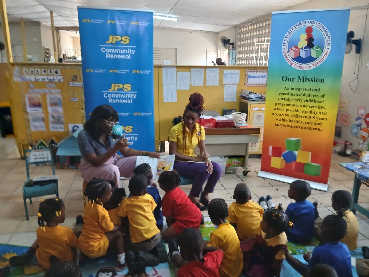 ECCJA's tweet photo. The ECC, with JPS Community Renewal, is at the Riverton Meadows ECDC reading to our nationโs precious gems as we observe 'Read Across Jamaica Day' - part of our Education Week activities. Reading is dreaming with open eyes.
#ReadAcrossJA #12StandardsMatter @tkmsingh https://t.co/D9AMSgkd8U