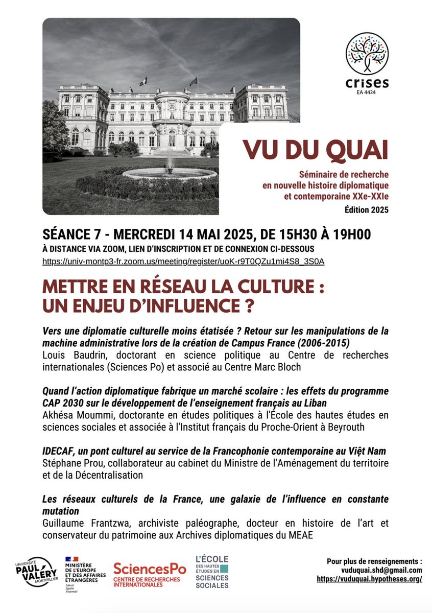 CRISES (@crises_umpv) on Twitter photo 7e et dernière séance de l'édition 2024-2025 du séminaire de recherche Vu du Quai. Intitulée « Mettre en réseau la culture : un enjeu d'influence ? », la séance se tiendra le mercredi 14 mai prochain de 15h30 à 19h00 en visioconférence 👇
<a href="/univpaulvalery/">Université de Montpellier Paul-Valéry</a>
#rechercheupvm 7e et dernière séance de l'édition 2024-2025 du séminaire de recherche Vu du Quai. Intitulée « Mettre en réseau la culture : un enjeu d'influence ? », la séance se tiendra le mercredi 14 mai prochain de 15h30 à 19h00 en visioconférence 👇
<a href="/univpaulvalery/">Université de Montpellier Paul-Valéry</a>
#rechercheupvm