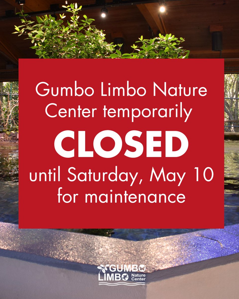 CLOSURE UPDATE (12:30pm 5/6/25) Gumbo Limbo Nature Center is closed for maintenance until Saturday May 10, with no access to the property or parking lot. Normal hours resume Saturday, May 10. Visit myboca.us/GumboLimbo for details.

#LoveGumboLimbo #BocaRec