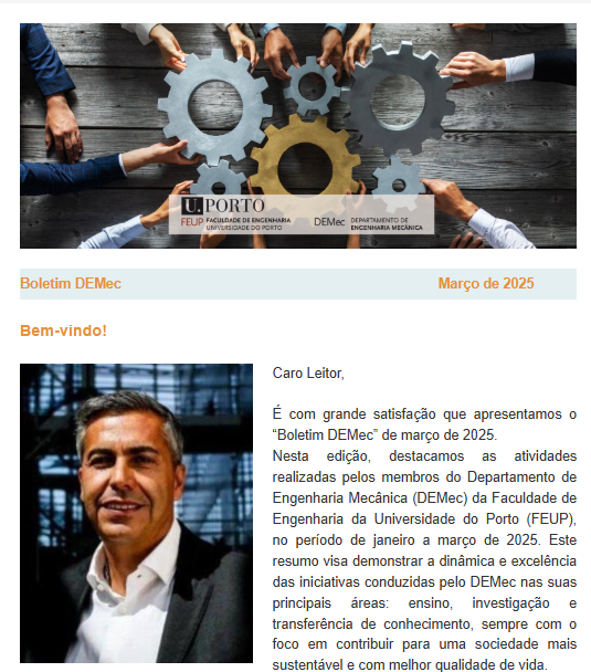 Departamento de Engenharia Mecânica da FEUP (@demec_feup) on Twitter photo “Boletim DEMec” - Março 2025
A última edição do "Boletim do DEMec" destaca algumas das atividades realizadas entre janeiro e março de 2025.
Convidamo-lo a ler o "Boletim DEMec" em: s.up.pt/dd3p
Boa Leitura! “Boletim DEMec” - Março 2025
A última edição do "Boletim do DEMec" destaca algumas das atividades realizadas entre janeiro e março de 2025.
Convidamo-lo a ler o "Boletim DEMec" em: s.up.pt/dd3p
Boa Leitura!
