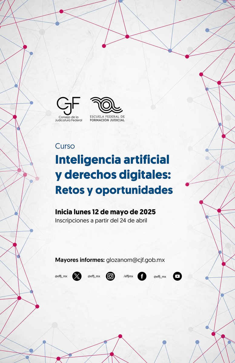 Curso

💻🇺🇳 Inteligencia artificial y derechos digitales: Retos y oportunidades desde los DDHH

🔺Abierto a todo público

Comprende qué son los derechos cibernéticos y cuál es su relación con los derechos humanos

📄cutt.ly/Grh2vAl1

💻 escuelajudicial.cjf.gob.mx/v2/pages/Capac…
