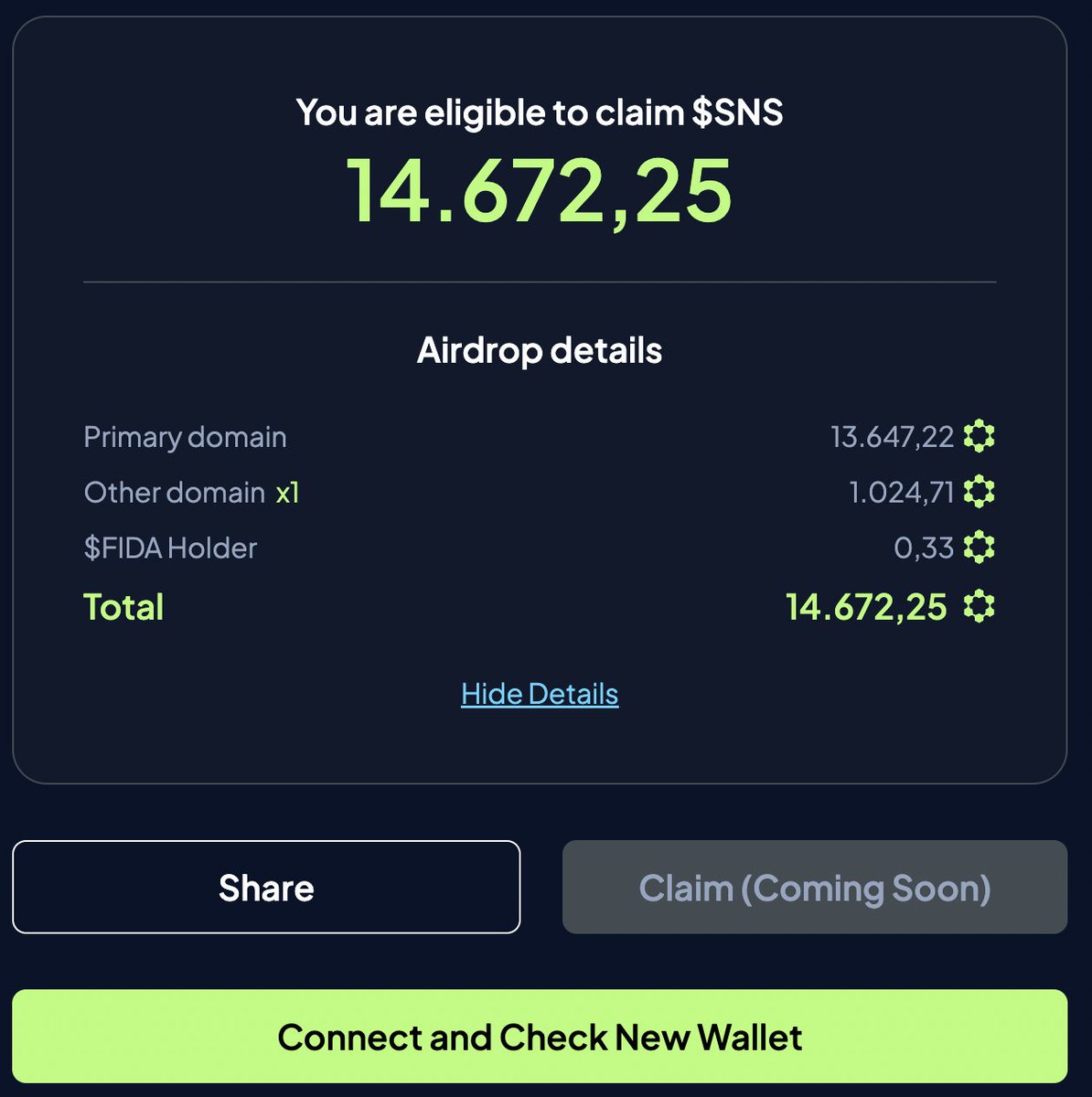 Arkadaşlar <a href="/sns/">sns.sol</a> airdrop açıkladı

Ne zaman aldım hatırlamıyorum ama eligible görünüyorum

Link 👇

airdrop.sns.id

 <a href="/Muallimin_biri/">Muallimin Biri</a>'den gördüm