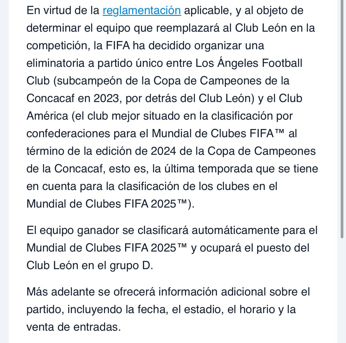 BREAKING

FIFA CONFIRMA que América 🦅 jugará vs LAFC ⚫️🟠 un partido para definir al reemplazo del Club León en el Mundial de Clubes 2025.

Tentativamente será el 31 de mayo en el BMO Stadium de Los Ángeles, a reserva de que FIFA confirme esta información en los próximos días.