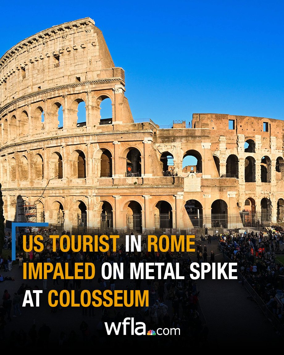 WFLA's tweet image. An American on vacation in Rome is reportedly recovering after climbing a fence at the ruins of the Colosseum, falling and being impaled on a metal spike. Details: bit.ly/44kn0lc