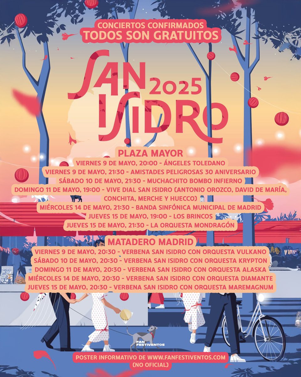 FanFestiventos's tweet photo. 🚨 | NUEVOS CONCIERTOS GRATIS EN MADRID

Ya conocemos el programa completo de las fiestas de San Isidro 2025 💥 Os los hemos ordenado por escenarios para que tengáis la programación más a mano! 💞

🎟️ TODOS los conciertos son GRATUITOS 

🖼️ Posters no oficiales de @FanFestiventos https://t.co/w2w2Lcou6A