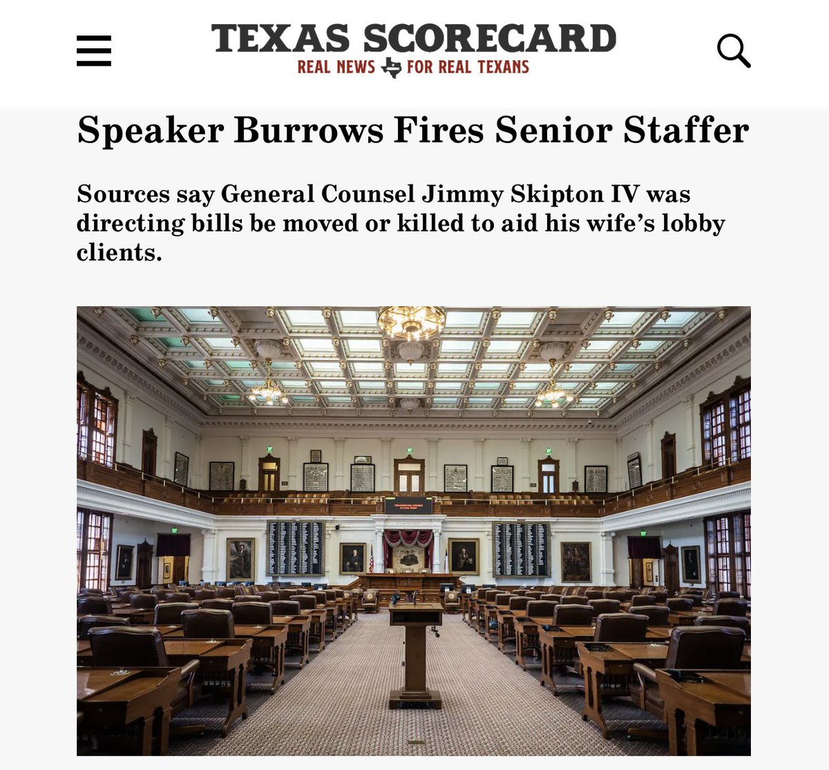 MQSullivan's tweet photo. Speaker @Burrows4Tx's office has now confirmed that he fired General Counsel Jimmy Skipton IV, reportedly for killing legislation to aid his wife's boss and lobby clients.
Seems like the culture of the Speaker's Office needs to be addressed? How did they hire someone with such conflicts?