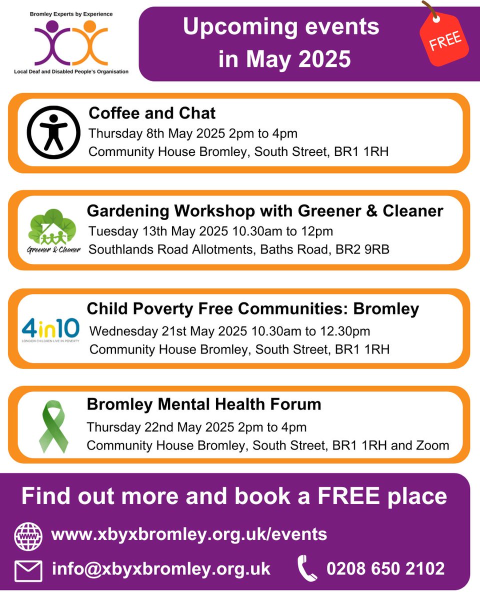 Upcoming events in May 2025. To find out more and book a FREE place, visit our website xbyxbromley.org.uk/events. 

#bromley #accessible #coffeeafternoons #MentalHealth