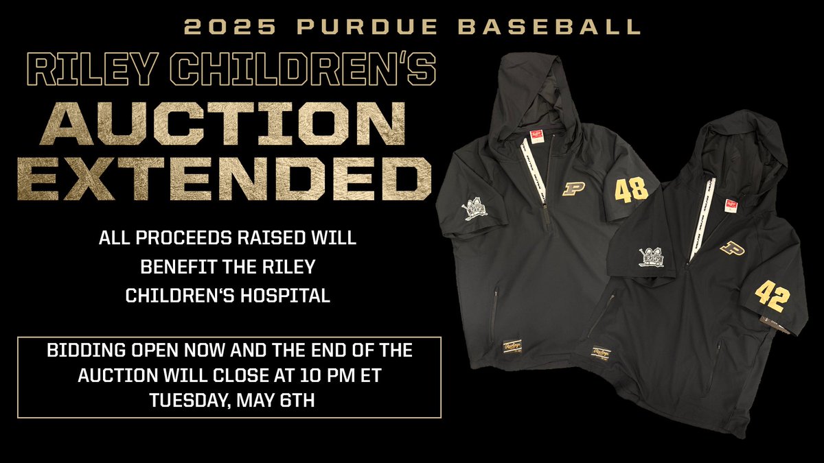 Purdue Baseball (@purduebaseball) on Twitter photo Reminder our BP Jerseys auction is open until 10pm ET on Tuesday. The players & staff will be wearing them for pregame today. Proceeds benefit <a href="/RileyChildrens/">Riley Children's</a>. #BoilerUp #ForTheKids
π boile.rs/BSBauction25 Reminder our BP Jerseys auction is open until 10pm ET on Tuesday. The players & staff will be wearing them for pregame today. Proceeds benefit <a href="/RileyChildrens/">Riley Children's</a>. #BoilerUp #ForTheKids
π boile.rs/BSBauction25