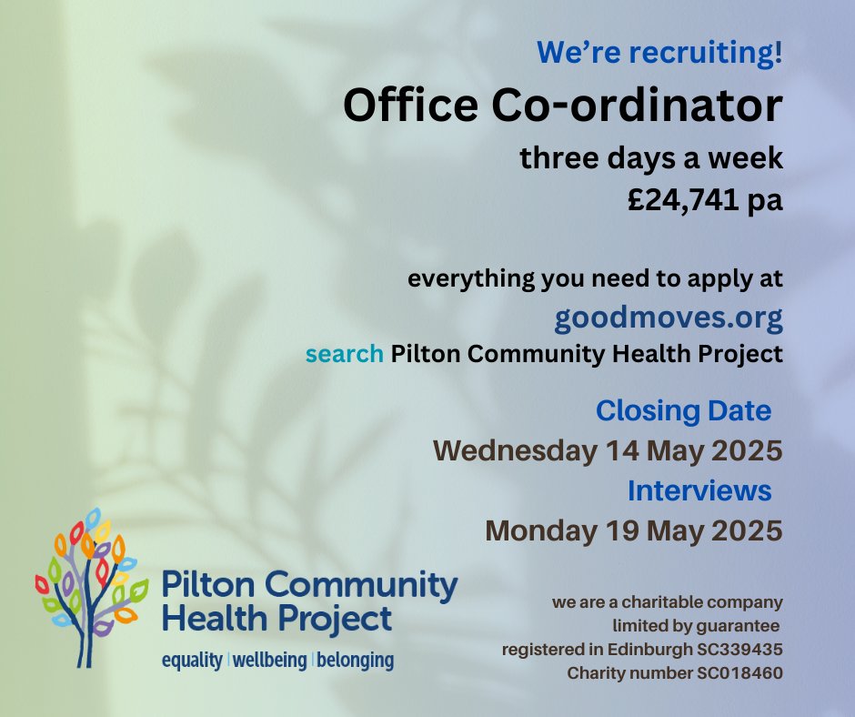 We're recruiting! we're looking for an Office Co-ordinator to help things run smoothly.  We need someone with ops and co-ordination skills and can offer a warm welcome to everyone who comes through our doors! see more on goodmoves.org
