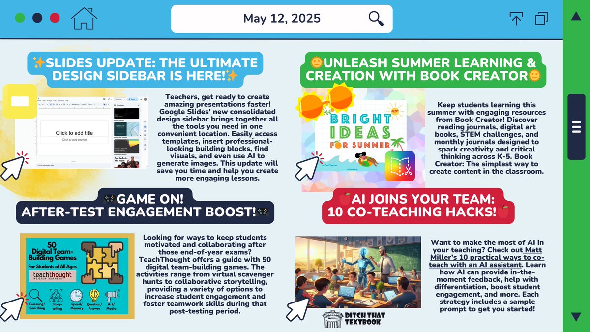 Megan Mongelli (@mongellimegan) on Twitter photo 👀Check out Megan's Megabytes: A Bit of Tech to Try!
🔗 teach.link/MegansMegabytes
✨#GoogleSlides ultimate design sidebar is here
🌞 Unleash summer learning in <a href="/BookCreatorApp/">Book Creator Team</a>
🎮 Game On! After testing boost <a href="/TeachThought/">TeachThought</a>
🤖 AI Joins Your Team: 10 Co-Teaching Hacks <a href="/DitchThatTxtbk/">Ditch That Textbook</a> 👀Check out Megan's Megabytes: A Bit of Tech to Try!
🔗 teach.link/MegansMegabytes
✨#GoogleSlides ultimate design sidebar is here
🌞 Unleash summer learning in <a href="/BookCreatorApp/">Book Creator Team</a>
🎮 Game On! After testing boost <a href="/TeachThought/">TeachThought</a>
🤖 AI Joins Your Team: 10 Co-Teaching Hacks <a href="/DitchThatTxtbk/">Ditch That Textbook</a>