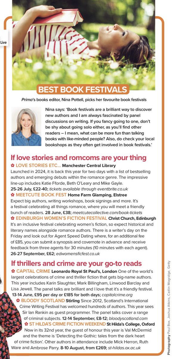 Looking for a book festival then do check out these recommendations for <a href="/PrimaMag/">Prima Magazine</a> LoveStoriesEtc, Meetcute Book Fest, <a href="/EdWomensFicFest/">Edinburgh Women's Fiction Festival</a> <a href="/CapitalCrime1/">Capital Crime</a> <a href="/BloodyScotland/">Bloody Scotland</a> <a href="/HildasCrime/">St Hilda's Crime Fiction Weekend</a>