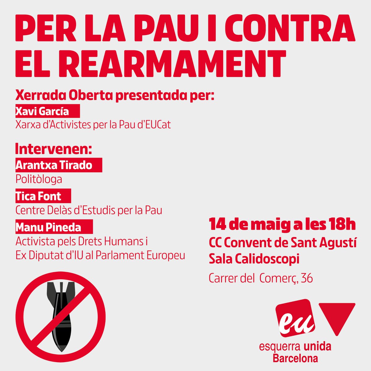 Arantxa Tirado (@aran_tirado) on Twitter photo 📢 La setmana vinent seré amb el <a href="/ManuPineda/">Manu Pineda🔻</a> i la Tica Font del <a href="/CentreDelas/">Centre Delàs</a> a aquest acte contra el rearmament que organitzen <a href="/EUCatBCN/">Esquerra Unida de Barcelona #EUCat</a> i <a href="/EUCat/">Esquerra Unida Catalunya</a> Ens veiem al Convent de Sant Agustí! 📢 La setmana vinent seré amb el <a href="/ManuPineda/">Manu Pineda🔻</a> i la Tica Font del <a href="/CentreDelas/">Centre Delàs</a> a aquest acte contra el rearmament que organitzen <a href="/EUCatBCN/">Esquerra Unida de Barcelona #EUCat</a> i <a href="/EUCat/">Esquerra Unida Catalunya</a> Ens veiem al Convent de Sant Agustí!