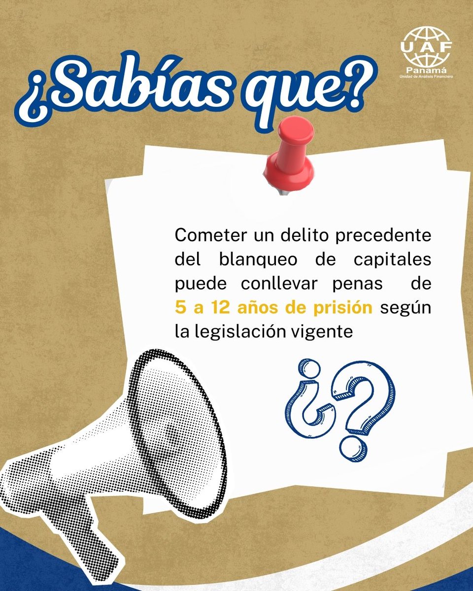 🔍 ¿Sabías que?

Según la legislación vigente en Panamá, cometer un delito precedente del blanqueo de capitales puede conllevar penas de 5 a 12 años de cárcel. 

📢  Comparte esta información para que más personas conozcan este dato crucial sobre el blanqueo de capitales.