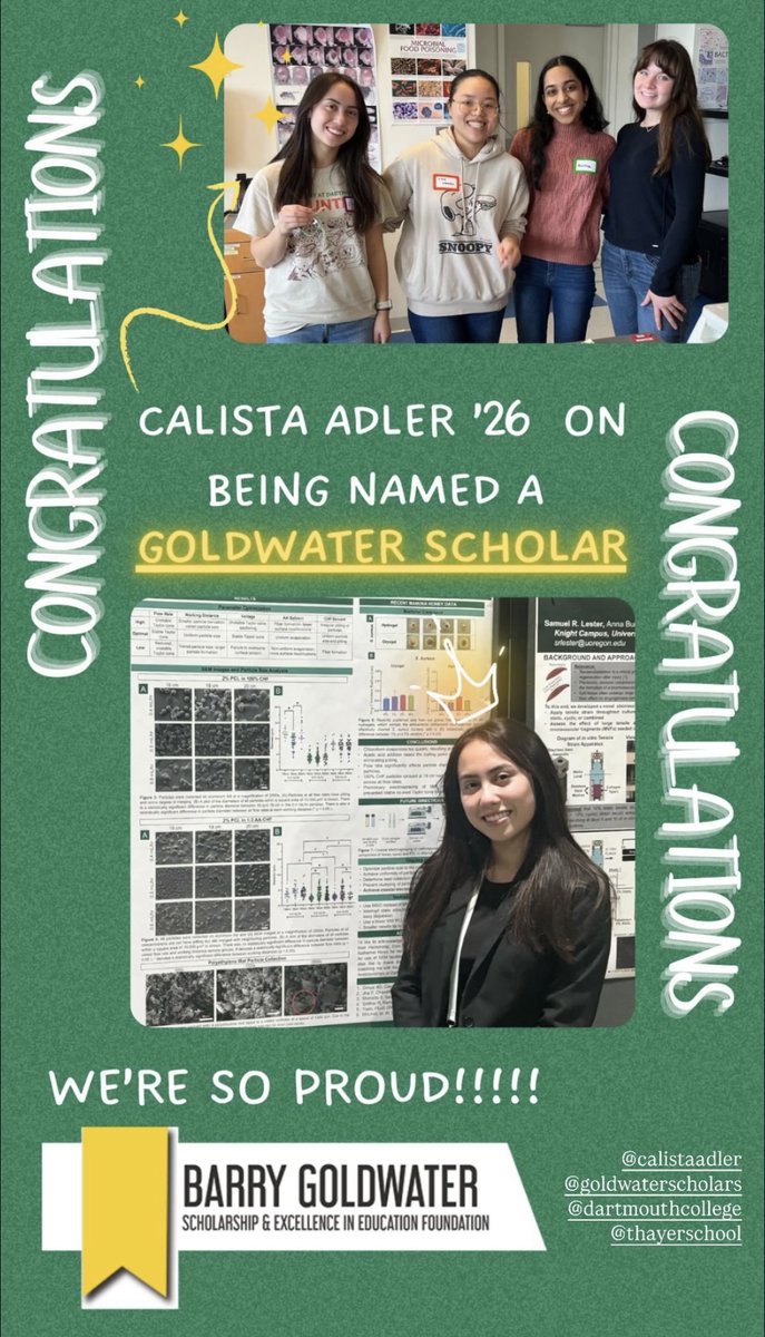 Regeneration at Dartmouth (@hixonlab) on Twitter photo We are so proud of our very own Calista Adler who was recently named a Goldwater Fellow!! Read more about this exciting accomplishment here: home.dartmouth.edu/news/2025/05/f…
<a href="/dartmouth/">Dartmouth 🌲</a> <a href="/thayerschool/">Dartmouth Engineering</a> <a href="/KatieRHixon/">Katie Hixon</a> We are so proud of our very own Calista Adler who was recently named a Goldwater Fellow!! Read more about this exciting accomplishment here: home.dartmouth.edu/news/2025/05/f…
<a href="/dartmouth/">Dartmouth 🌲</a> <a href="/thayerschool/">Dartmouth Engineering</a> <a href="/KatieRHixon/">Katie Hixon</a>