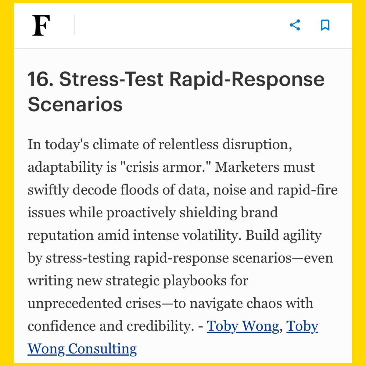 <a href="/Forbes/">Forbes</a>: Marketing in Times of Chaos.   

Check-out our <a href="/ForbesCommCncl/">Forbes Communications Council</a> Expert Panel article on how marketing teams can be more flexible in ever-shifting landscape: bit.ly/3GrIW44

#CrisisManagement #StressTest #RapidResponse #AdaptableTeams #Forbes