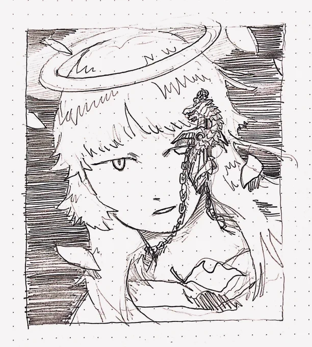 ドラゴンが巻き付いた剣のキーホルダーを描き込んだ作品を作ろうとドローイングを繰り返しているが、リアルなキーホルダーサイズにしようとすると人物をだいぶ大きく描かないといけない(もしくは大きい支持体に)ので悩ましい
大人しく静物画にいれるか 
