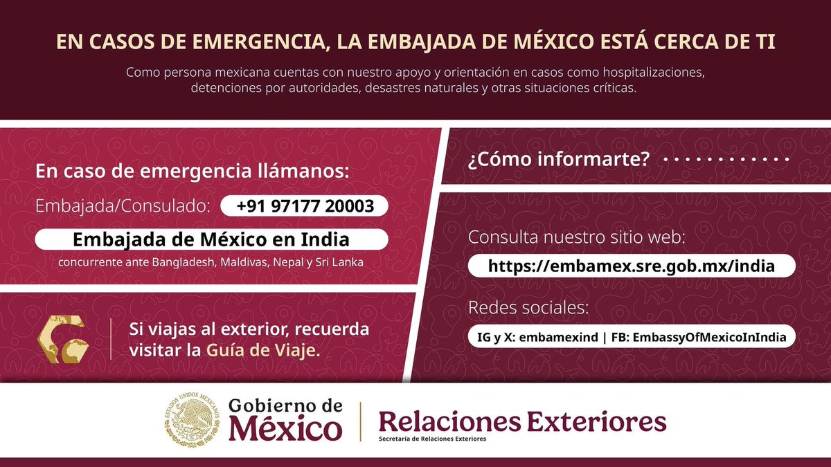 📢 A la comunidad mexicana en India 🇮🇳

Derivado de la situación que prevalece entre India y Pakistán, se recomienda mantenerse informado por medios oficiales y seguir las instrucciones de las autoridades.

En caso de requerir asistencia y protección consular, contáctenos.