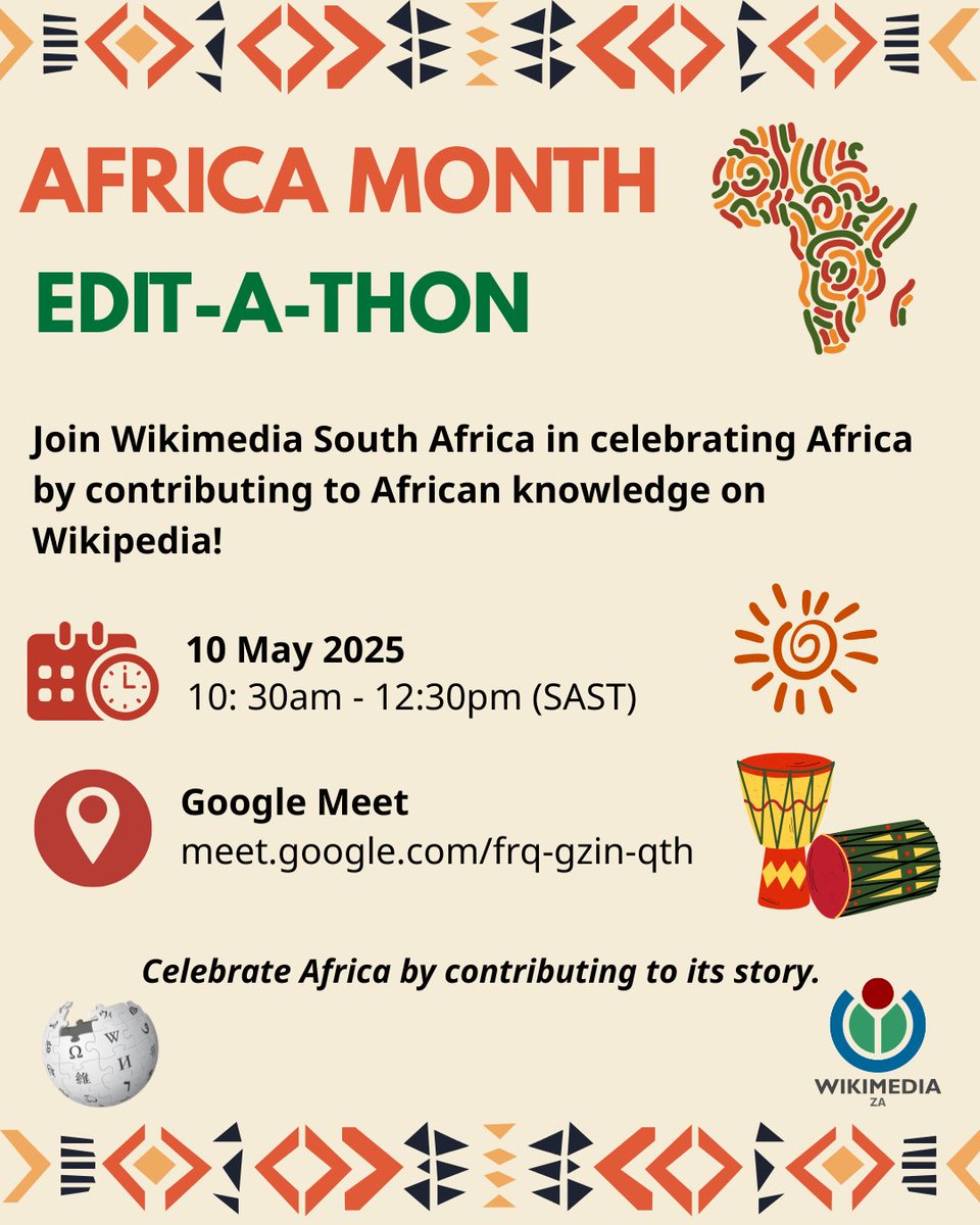 Wikimedia_ZA's tweet image. Celebrate Africa Month with us by contributing to African knowledge on Wikipedia.
Let’s amplify African voices, histories, and languages. One edit at a time.
#AfricaMonth #WikimediaSouthAfrica