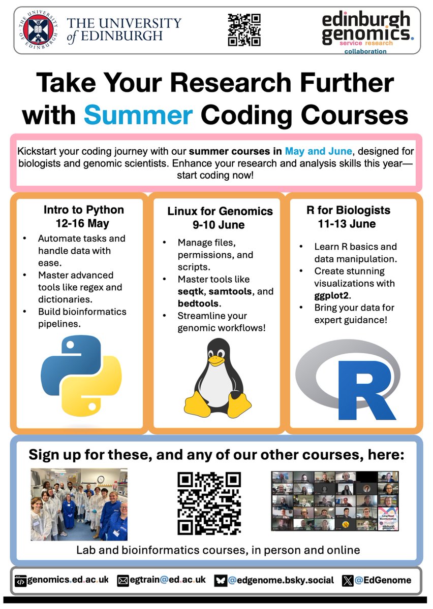 edgenome's tweet image. 🚨 Our Intro to #Python course starts next week and there’s still space!
🧬 Perfect for #biologists & #genomic scientists
💻 🖥️Learn to automate tasks, analyse data & build #bioinformatics pipelines
📅 Plus #R & #Linux courses in June!
🔗 Sign up: genomics.ed.ac.uk/training