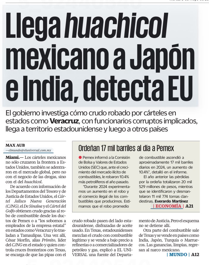¡Zas! Gracias a la impunidad de la que han gozado desde que llegó López al poder, el CJNG y el CDS no se conformaron con cruzar la frontera a EU sino que se adentraron en el mercado global, pero no con drogas sino con ¡huachicol!