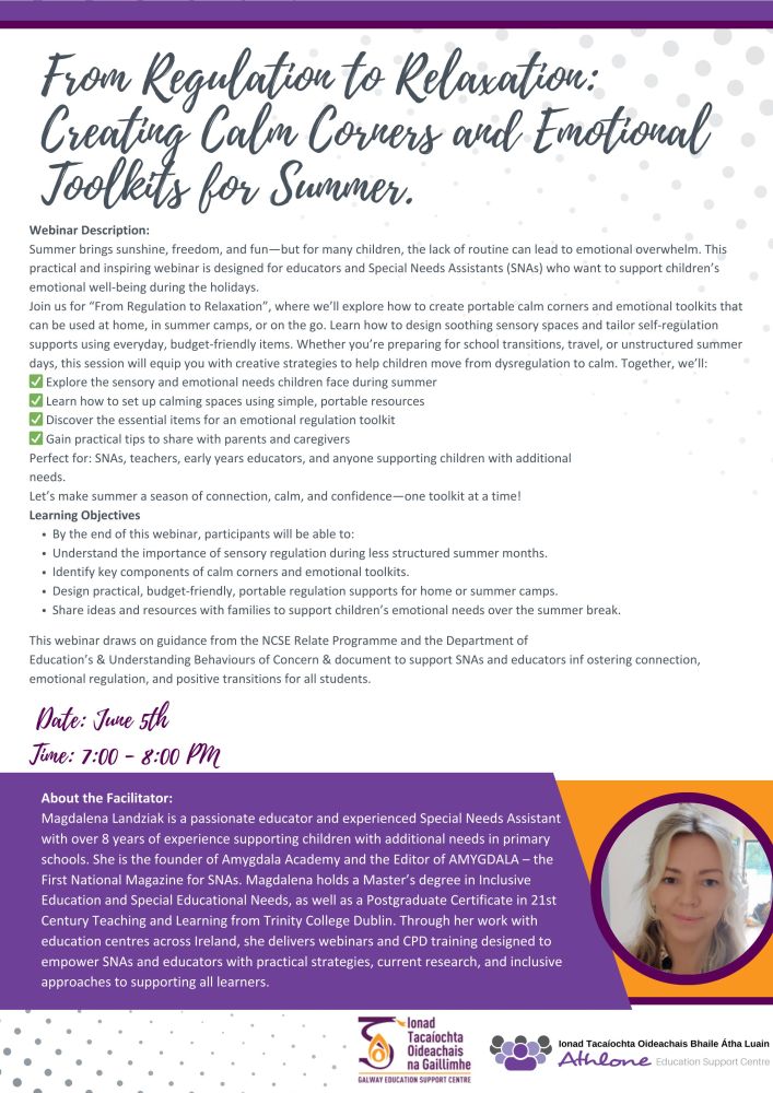 🌞 Summer can be overwhelming for some children—let’s help them thrive!
Join us on Wed 5th June, 7–8PM for a practical webinar on creating calm corners &amp; emotional toolkits for summer.
✅ Perfect for SNAs, teachers &amp; caregivers
📲 Register now at athloneeducationcentre.com/cpd-courses/pr…