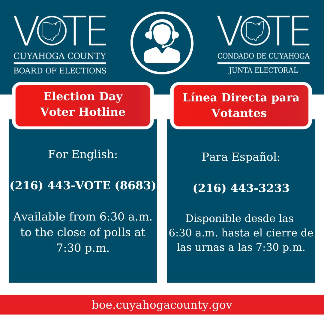 Are you looking for Election Day assistance? Then, you can call one of our Voter Hotlines! Both hotlines will be live today from 6:30 a.m. to 7:30 p.m., when the polls close. For English: (216) 443-VOTE (8683) Para Español: (216) 443-3233