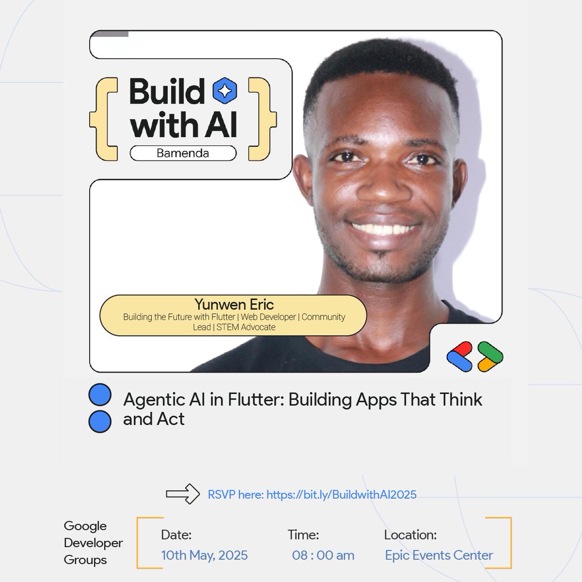 GDG Bamenda (@gdgbamenda) on Twitter photo Meet Our Next Speaker for #BuildWithAI2025 <a href="/Yunweneric/">Yunwen 💙</a>
We're proud to have Yunwen join our speaker lineup to present:  
"Agentic AI in Flutter: Building Apps That Think and Act"
RSVP Now bit.ly/BuildwithAI2025
#BuildwithAI
#BuildwithAIGDGBamenda
#BuildwithAI2025
#GDGBamenda Meet Our Next Speaker for #BuildWithAI2025 <a href="/Yunweneric/">Yunwen 💙</a>
We're proud to have Yunwen join our speaker lineup to present:  
"Agentic AI in Flutter: Building Apps That Think and Act"
RSVP Now bit.ly/BuildwithAI2025
#BuildwithAI
#BuildwithAIGDGBamenda
#BuildwithAI2025
#GDGBamenda