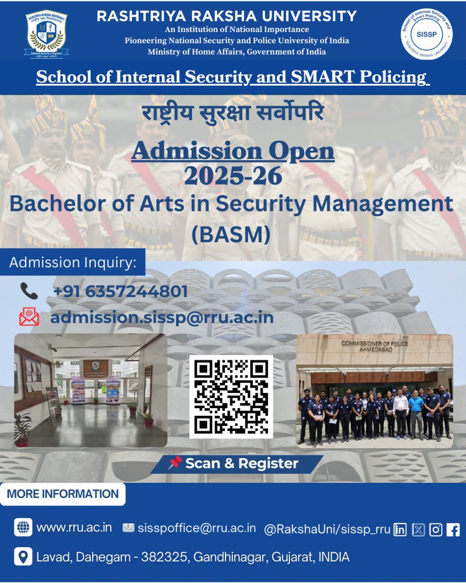 SISSP_RRU's tweet image. Scan the QR code to register or visit rru.ac.in for more details.

#AdmissionsOpen #BASM #RRU #SISSP #SecurityManagement #InternalSecurity #PolicingStudies #StrategicStudies #HigherEducation #StudyAtRRU