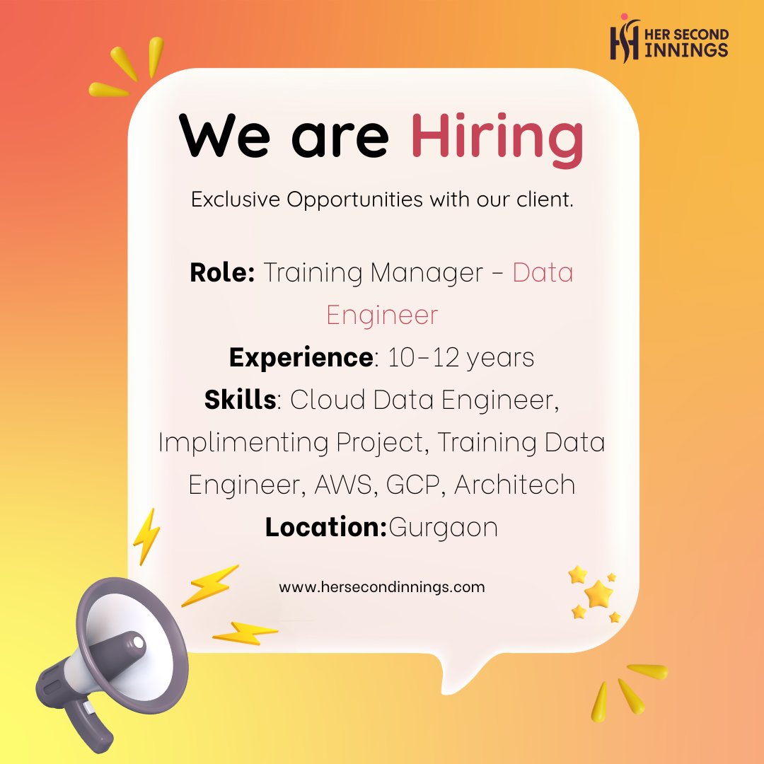 her2nd_innings's tweet image. 🚀 We Are Hiring!
Join an exclusive opportunity with our esteemed client.

💼 If you're ready to lead and inspire in the data engineering space, apply now:hersecondinnings.com/careers/?job_i…

#Hiring #DataEngineering #TrainingManager #AWS #GCP #CloudEngineering #JobOpportunity