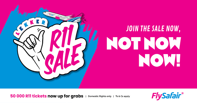 FlySafair's tweet photo. The moment is here! 50,000 flight tickets for just R11 are now up for grabs, for travel until 30 Nov 2025. So, stay sharp and keep your fingers crossed because your luck could change faster than Cape Town’s weather forecast. 

Join now at https://t.co/WHR2Gnrr18

T's&amp;C's apply