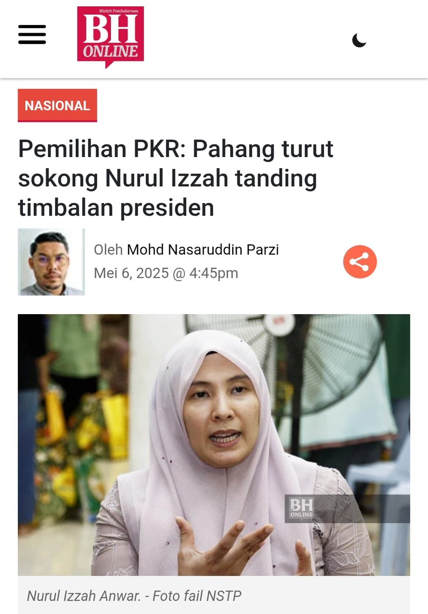 Marchfoward's tweet photo. Berita gempar dari Pemilihan PKR

Di mana nampaknya akar umbi Keadilan beberapa negeri nyatakan sokongan terbuka untuk Nurul Izzah bertanding Timbalan Presiden.

Setakat ini, 4 negeri dah keluarkan sokongan terbuka iaitu Perak, Melaka, Pahang, dan Johor. Adakah Nurul Izzah akan buat comeback? Menarik untuk disaksikan