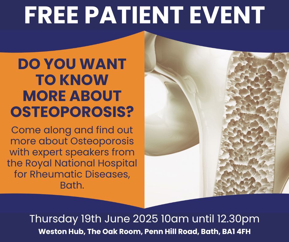 Spaces still available for an #osteoporosis free in person patient event. Led by expert speakers from the RNHRD. Register here and nearer the time we will send more information and reminders nearer the time: buytickets.at/bathinstitutef…
We look forward to welcoming you. 😀