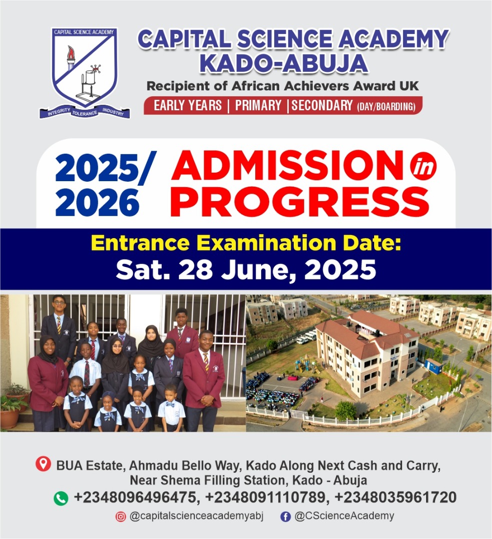 CAPITALSCIENCE2's tweet photo. Our Second Entrance Examination is available.

Take advantage and enroll your Child/Ward(s) into one of the leading schools in Abuja. https://t.co/M4TZfFpt99