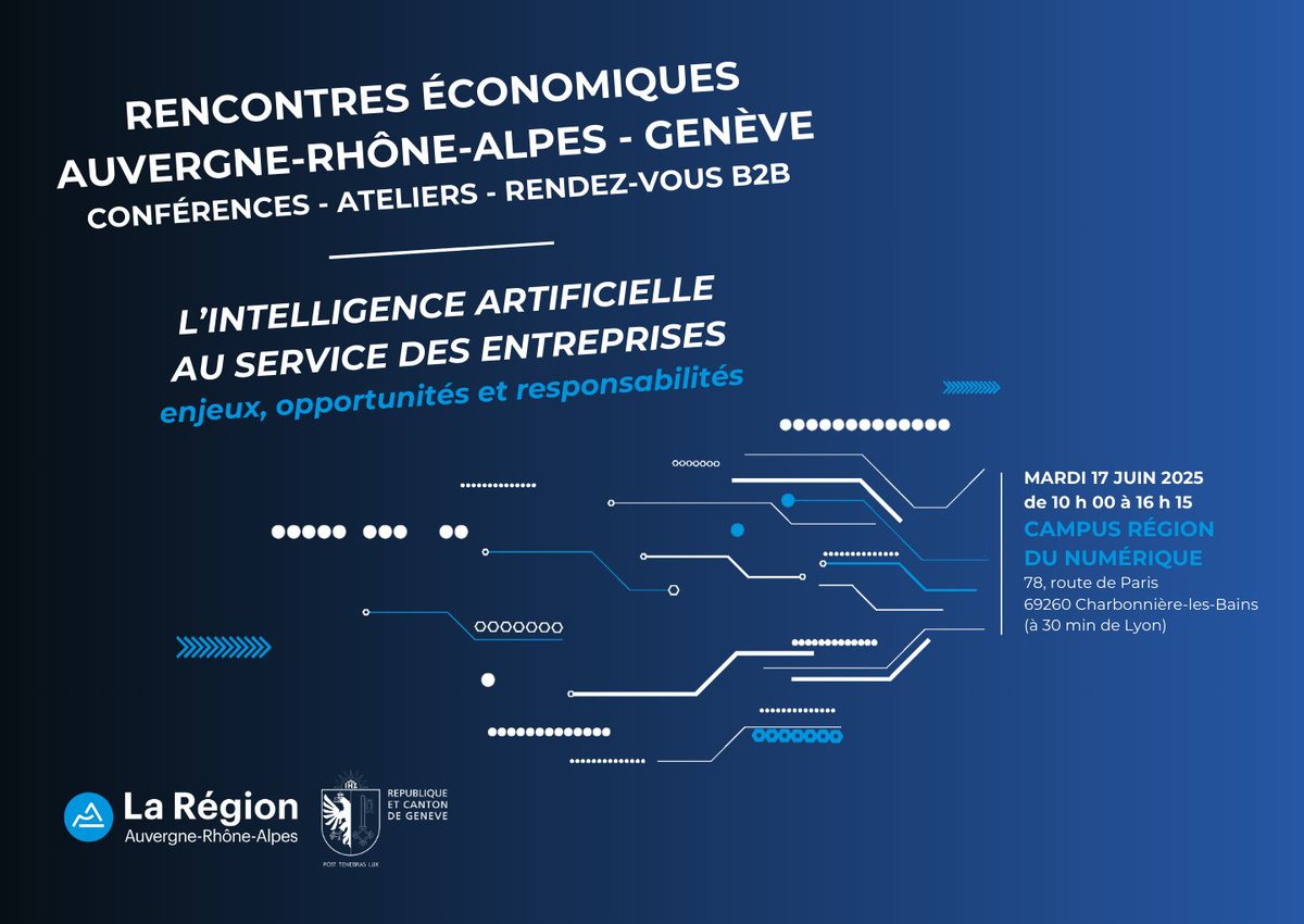 Auvergne-Rhône-Alpes (@auvergnerhalpes) on Twitter photo Vous êtes une #entreprise et vous souhaitez en savoir plus sur l’#IA ? Inscrivez-vous aux prochaines Rencontres économiques Auvergne-Rhône-Alpes - Genève. Elle se tiendront le mardi 17 juin au <a href="/CampusRegion/">Campus Région du numérique</a> du numérique à Charbonnières-les-Bains.
👉 tinyurl.com/5n7he2vs Vous êtes une #entreprise et vous souhaitez en savoir plus sur l’#IA ? Inscrivez-vous aux prochaines Rencontres économiques Auvergne-Rhône-Alpes - Genève. Elle se tiendront le mardi 17 juin au <a href="/CampusRegion/">Campus Région du numérique</a> du numérique à Charbonnières-les-Bains.
👉 tinyurl.com/5n7he2vs