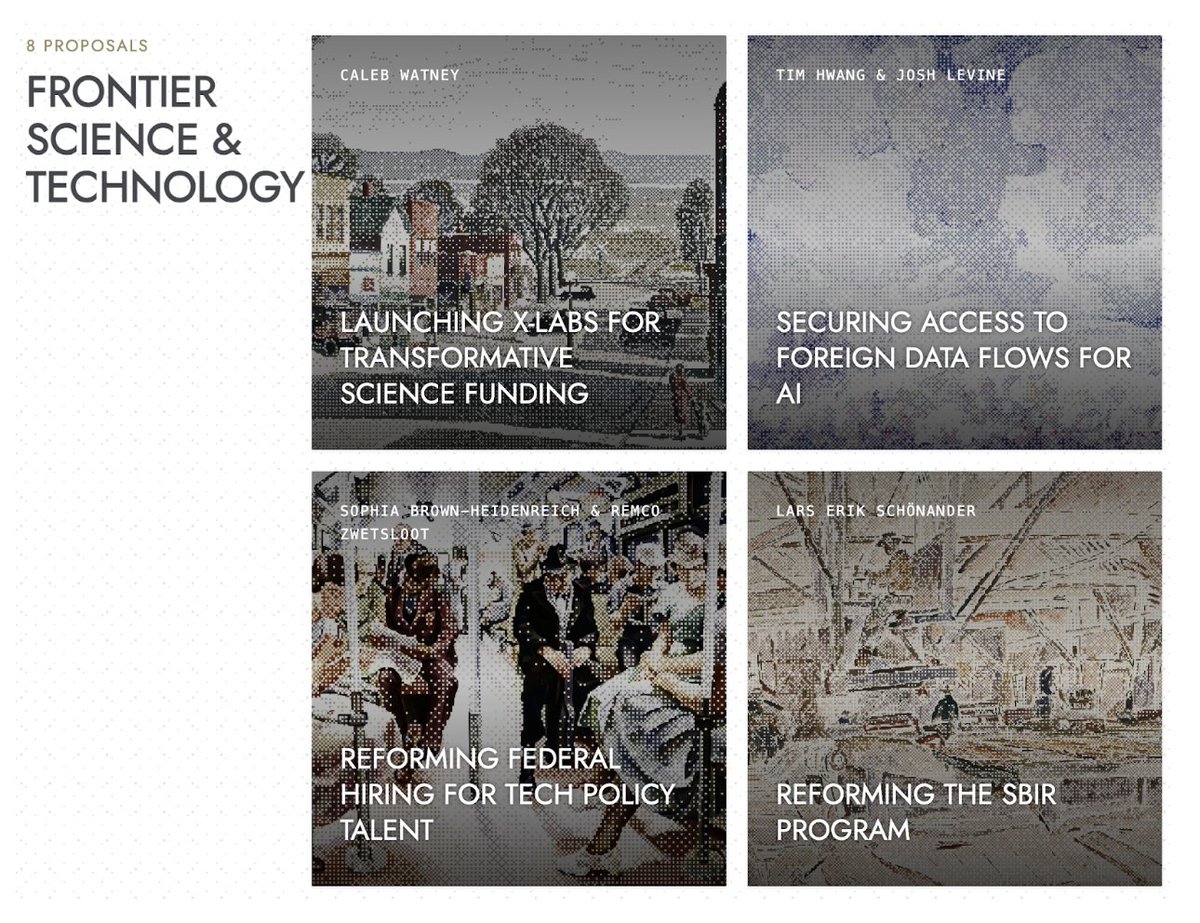 Alec Stapp (@alecstapp) on Twitter photo We have 8 proposals on frontier science & technology:
1. <a href="/calebwatney/">Caleb Watney</a> on launching x-labs for science
2. <a href="/timhwang/">Tim Hwang</a> and <a href="/JoshuaTLevine/">Joshua Levine</a> on foreign data flows for AI
3. <a href="/sophiabrownh/">Sophia Brown</a> and <a href="/r_zwetsloot/">Remco Zwetsloot</a> on reforming federal hiring
4. <a href="/LarsESchonander/">Lars Schรถnander</a> on reforming the SBIR program We have 8 proposals on frontier science & technology:
1. <a href="/calebwatney/">Caleb Watney</a> on launching x-labs for science
2. <a href="/timhwang/">Tim Hwang</a> and <a href="/JoshuaTLevine/">Joshua Levine</a> on foreign data flows for AI
3. <a href="/sophiabrownh/">Sophia Brown</a> and <a href="/r_zwetsloot/">Remco Zwetsloot</a> on reforming federal hiring
4. <a href="/LarsESchonander/">Lars Schรถnander</a> on reforming the SBIR program