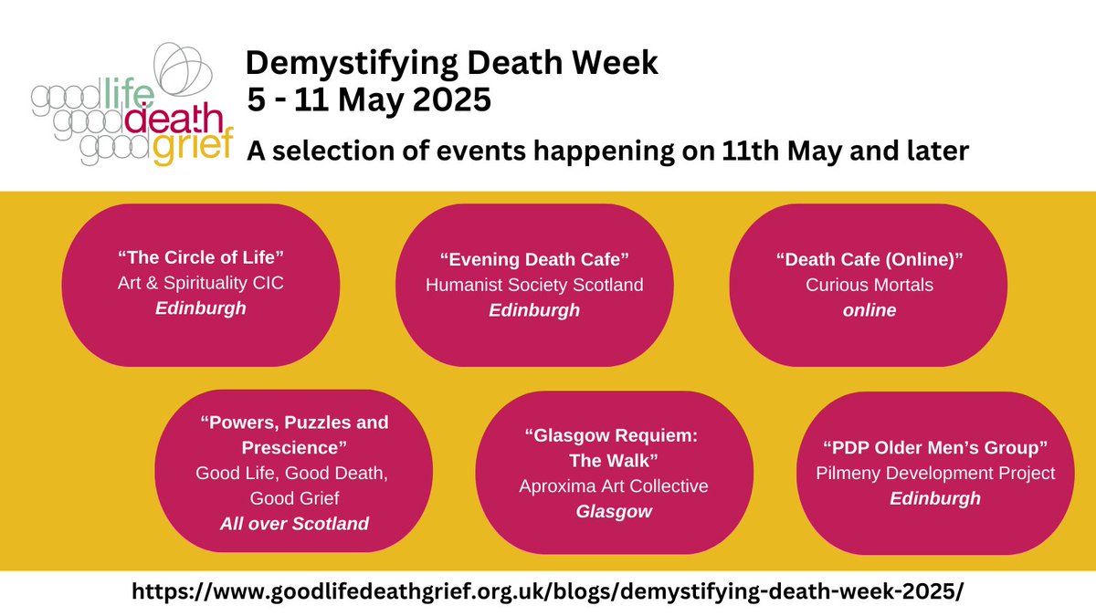 LifeDeathGrief's tweet image. Demystifying Death Week officially ends today, but there's still plenty to do: @humanistsociety, Curious Mortals, Aproxima Art Collective, Art & Spirituality CIC, @PilmenyDevProj and more. #DemystifyDeath
goodlifedeathgrief.org.uk/blogs/demystif…