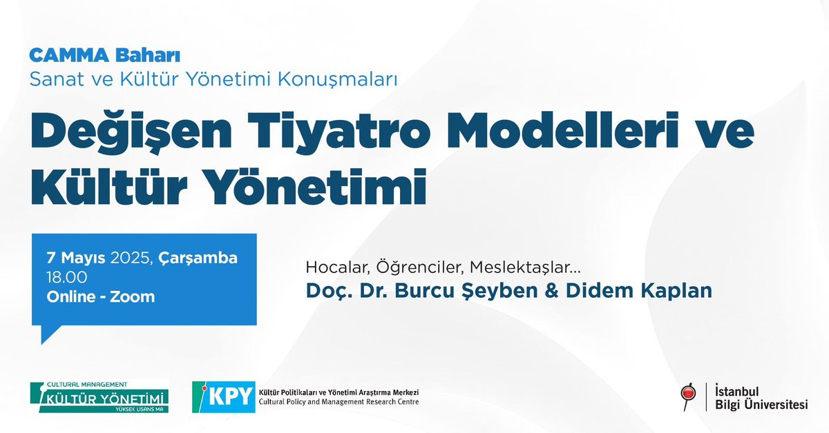Sanat ve kültür alanında dönüşen üretim ve yönetim modelleri üzerine ilham verici bir etkinlik...   
Günümüz tiyatro pratiklerini  ve bu pratiklerin yönetimsel boyutlarını yeniden değiştirmek isteyen herkesi bekliyoruz.   
Katılmak için: us02web.zoom.us/j/89558058908#