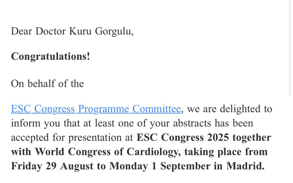 Happy to share that our work has been accepted for presentation at #ESC2025 ! Grateful for the opportunity to contribute to the world’s leading cardiology congress.