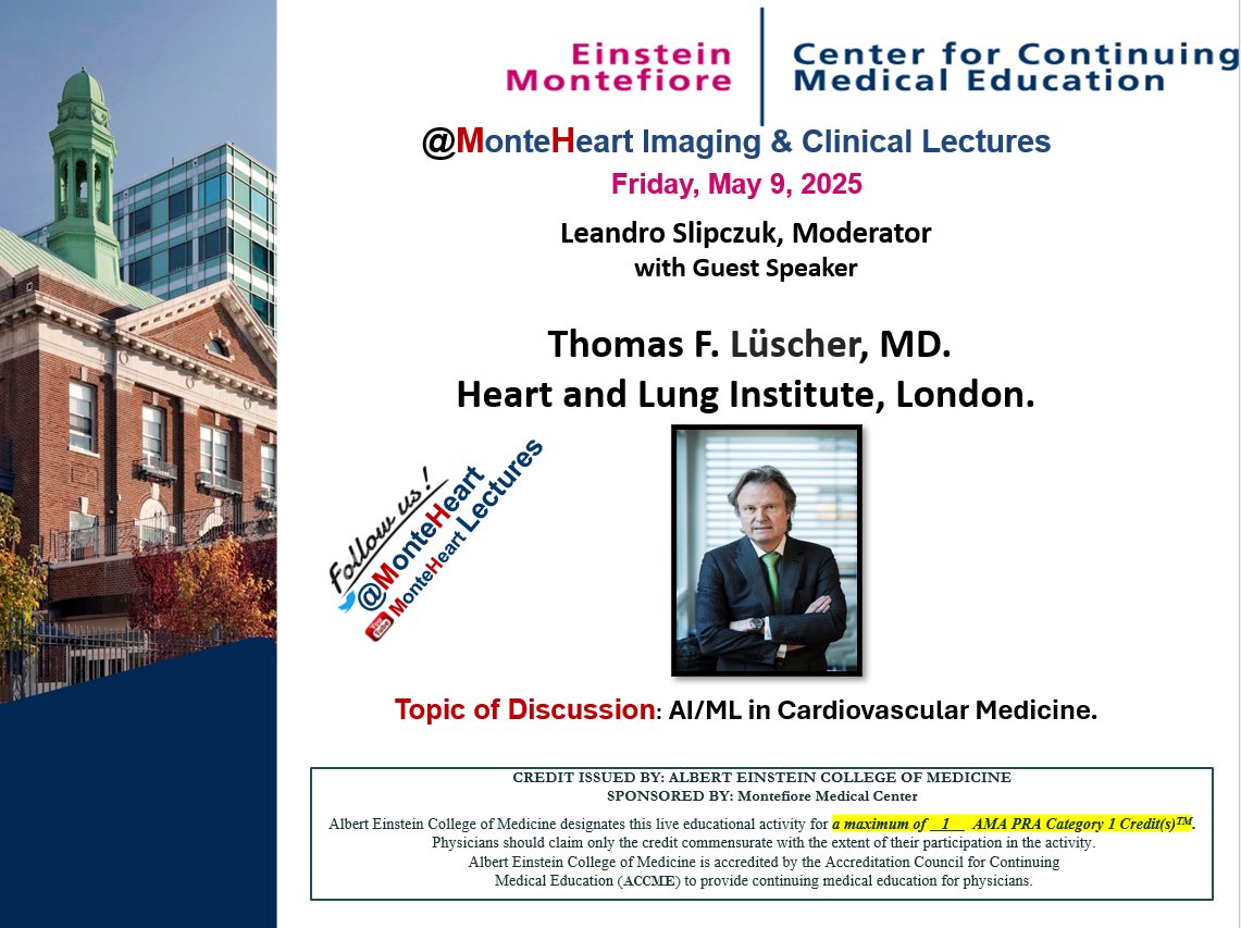 Montefiore Heart (@monteheart) on Twitter photo Join us for the next <a href="/MonteHeart/">Montefiore Heart</a> Lecture!
ποΈ May 9, 2025 | π 12β1 PM EST
π€ Dr. Thomas F. LΓΌscher <a href="/cardiotfl/">Thomas F. LΓΌscher</a>
ποΈ Moderator: Dr. Leandro Slipczuk <a href="/CardioMDPhD/">Leandro Slipczuk</a>
Topic π§ : AI/ML in Cardiovascular Medicine
π einsteinmed.zoom.us/j/94170046499
π einsteinmed.zoom.us/u/abo8AwxNx2
#CardioTwitter Join us for the next <a href="/MonteHeart/">Montefiore Heart</a> Lecture!
ποΈ May 9, 2025 | π 12β1 PM EST
π€ Dr. Thomas F. LΓΌscher <a href="/cardiotfl/">Thomas F. LΓΌscher</a>
ποΈ Moderator: Dr. Leandro Slipczuk <a href="/CardioMDPhD/">Leandro Slipczuk</a>
Topic π§ : AI/ML in Cardiovascular Medicine
π einsteinmed.zoom.us/j/94170046499
π einsteinmed.zoom.us/u/abo8AwxNx2
#CardioTwitter