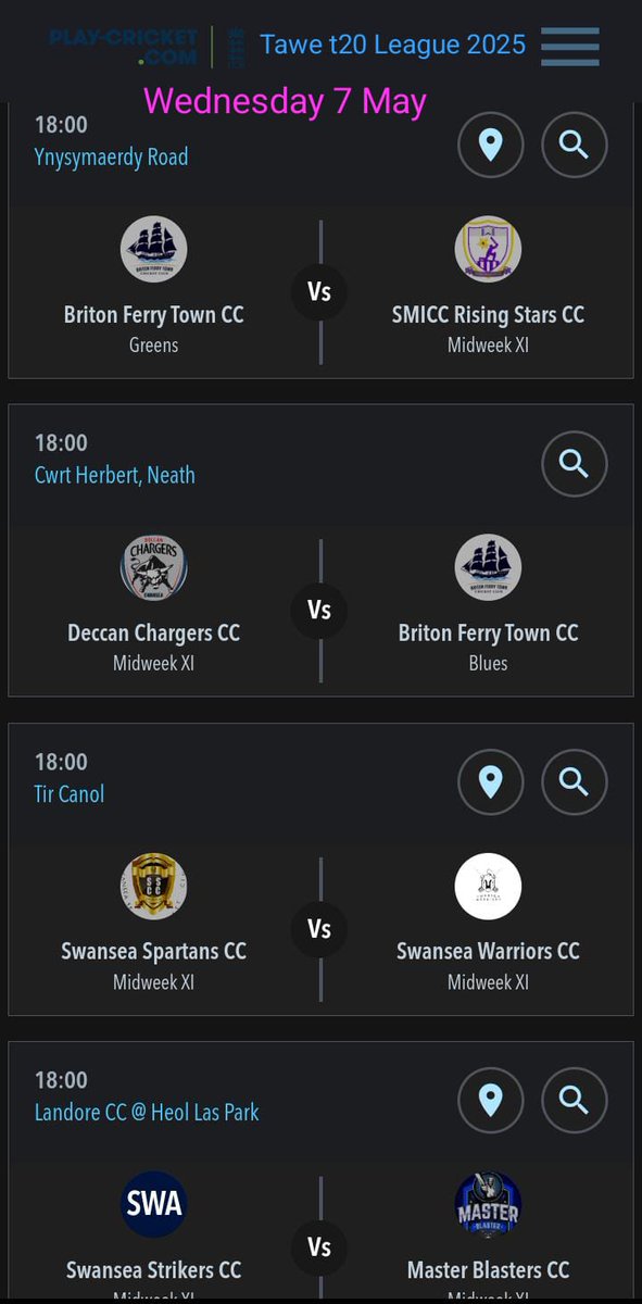 First Tawe Midweek League to start from tomorrow (7th May). One more season of excitement, performance, battle and a lot of cricket. All are welcome to join and support. 
<a href="/CricketWales/">Criced Cymru / Cricket Wales 🏏🏴󠁧󠁢󠁷󠁬󠁳󠁿</a> <a href="/KeriChahal/">Keri Chahal</a> <a href="/BritonFerry_TCC/">Briton Ferry Town Cricket Club 🏏</a> <a href="/smiccrscc/">SMICC Rising Stars C.C.</a> <a href="/SwanseaStrikers/">Swansea Strikers</a> <a href="/SwanseaWarriors/">Swansea Warriors</a>
