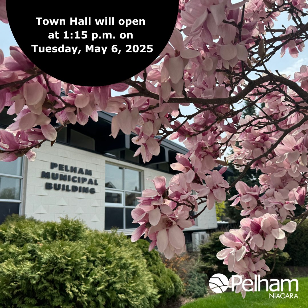 👉 Town Hall Closure Notice 
Please note that Pelham Town Hall will be CLOSED, Today, Tuesday morning, May 6, and will reopen at 1:15 PM.
The Meridian Community Centre will remain open during this time.
For updates and more information, visit 👉 pelham.ca