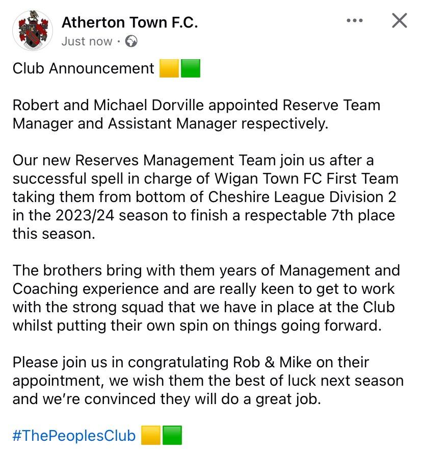 Club Announcement 🟨🟩

Robert and Michael Dorville appointed Reserve Team Manager and Assistant Manager respectively. 

#ThePeoplesClub 🟨🟩