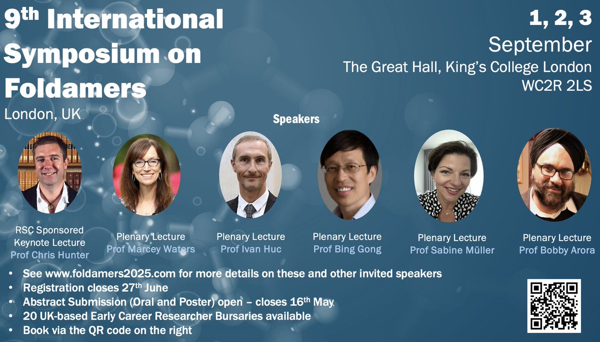 andrecobb's tweet image. There are still some places available for oral/poster presentations for the International Sympsium on Foldamers, and so we have extended the abstract deadline to 16th May. We also have a student rate now! Submit/sign up at foldamers2025.com - looking forward to seeing you!